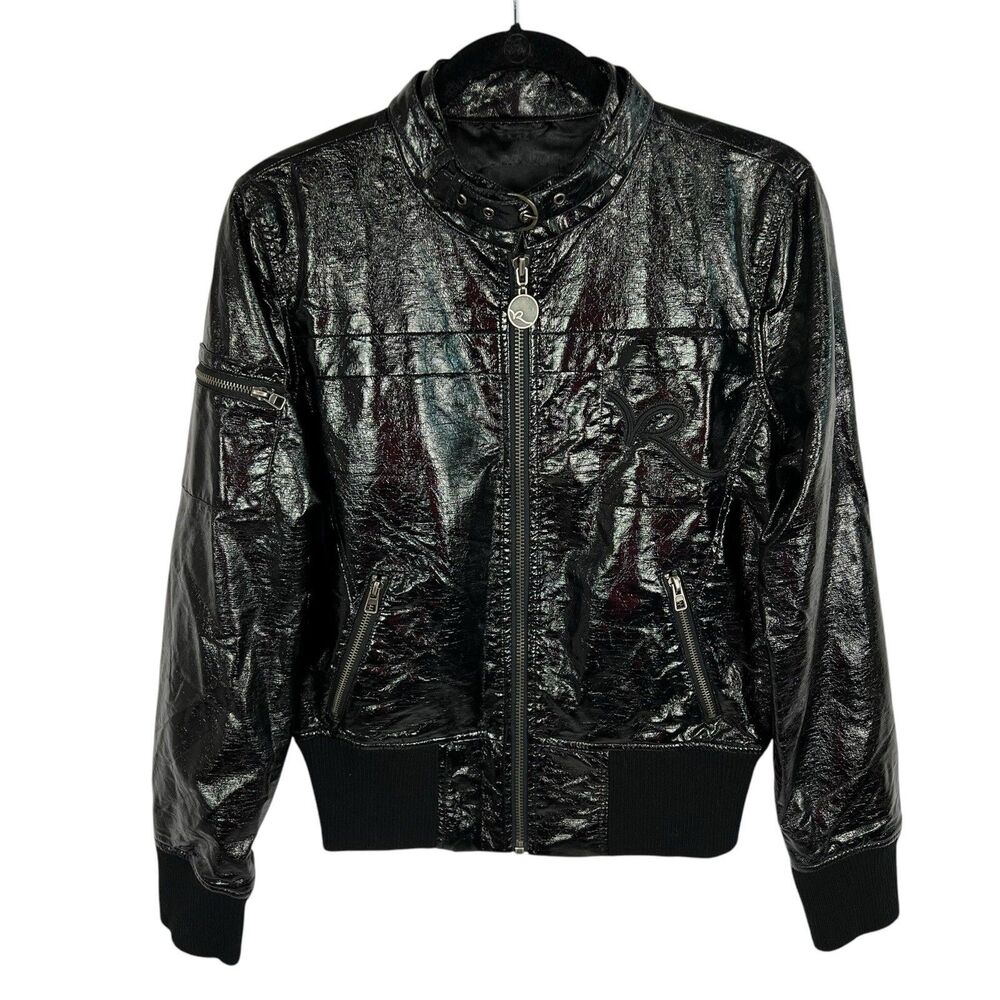 Authentic Rocawear Black Shiny Vegan Leather Moto Full Zip Jacket Women’s Large